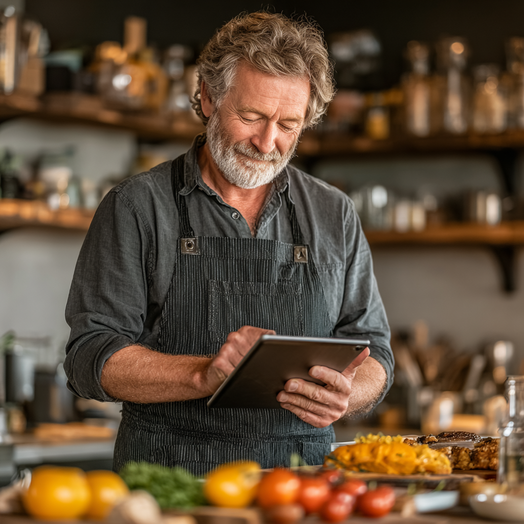 Hombre de 52 años usando tablet en la cocina, consultando su plan alimentario personalizado mientras cocina, mostrando tecnología integrada en la alimentación saludable
