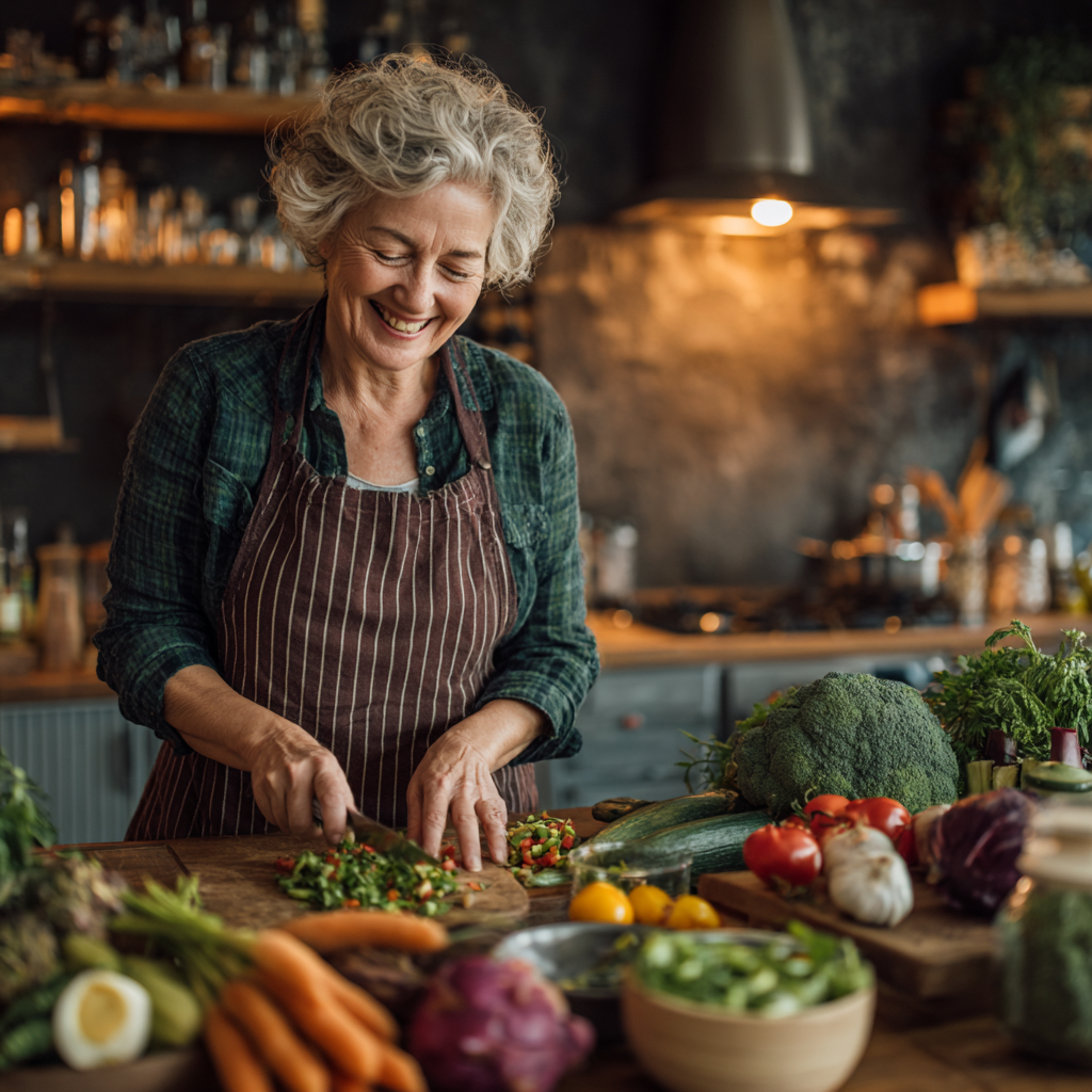 Mujer de 55 años sonriendo mientras prepara una ensalada colorida en una cocina moderna, mostrando ingredientes frescos y saludables organizados en la mesa