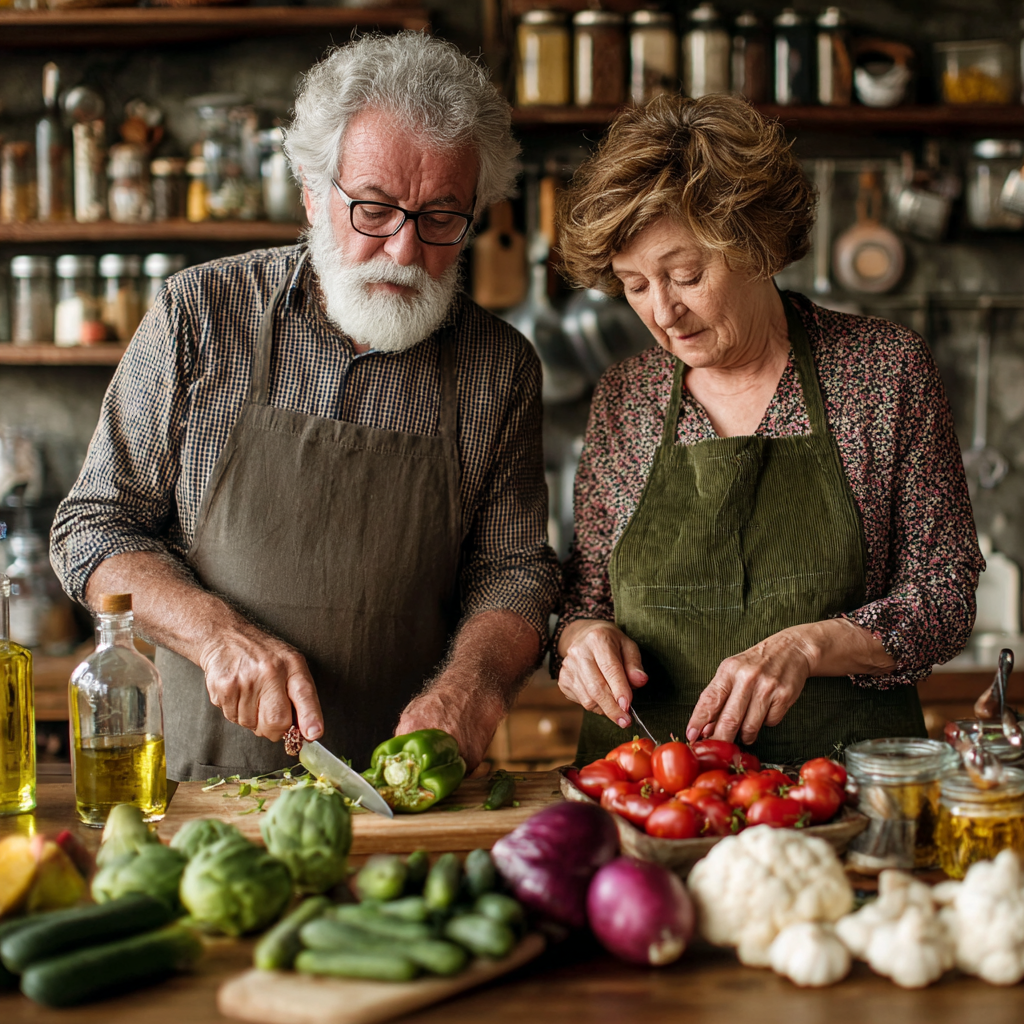 Pareja de adultos de 58 años cocinando juntos en su cocina, preparando una comida saludable con verduras frescas y siguiendo su plan alimentario personalizado